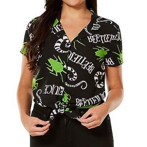 Beetlejuice Button Down Shirt Women's L Black Green Grunge Retro 90s Halloween